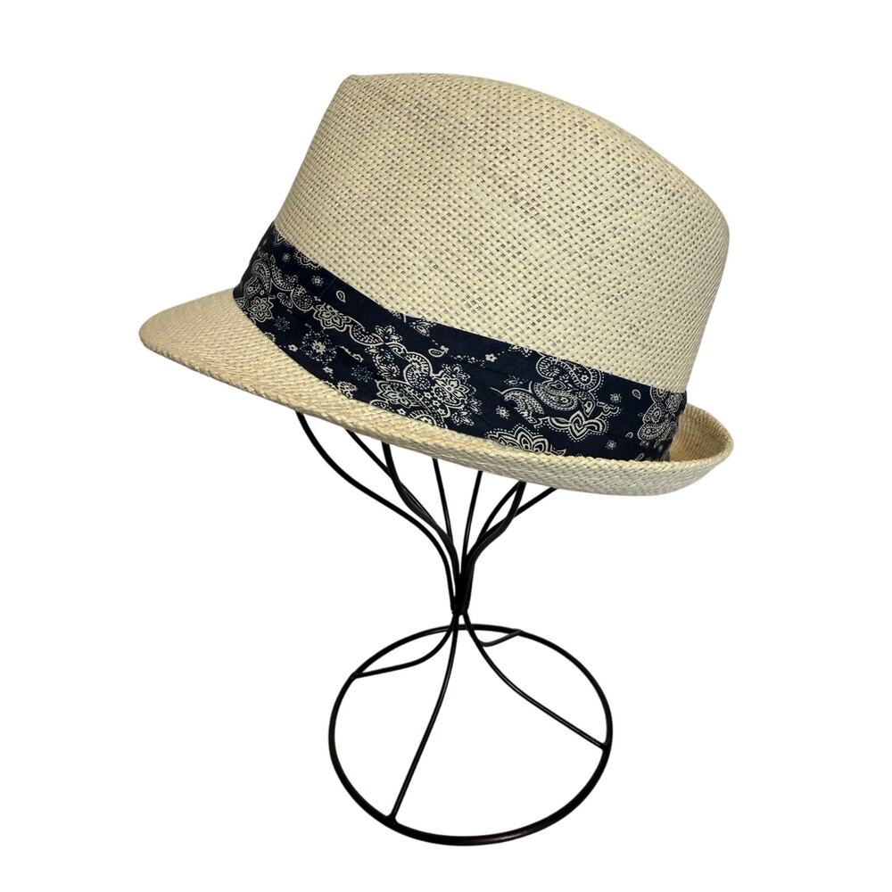 Classic Casual Straw Fedora With Blue Paisley Band OS Versatile Vintage Inspired